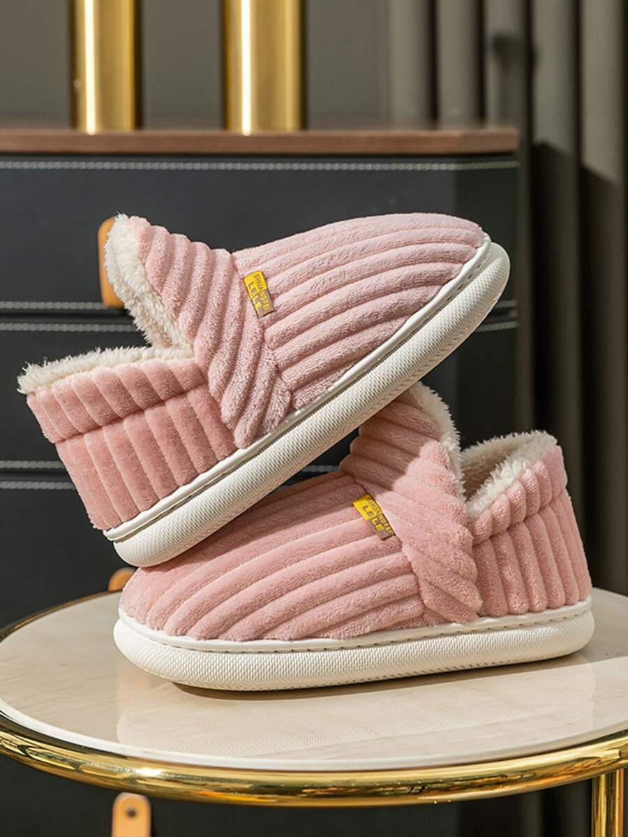 Fall/Winter Women's Fashionable Pink Solid Color Slipper Boots With Letter Decals & Teddy Bear Lining,Fluffy Slippers