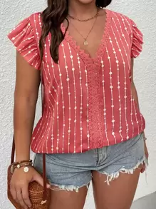 SHEIN LUNE Plus Striped Contrast Lace Butterfly Sleeve Blouse - Watermelon Pink - View 1