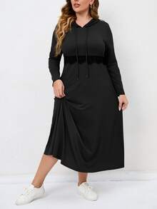 Áo nỉ Plus Size Túi Tương phản ren Dây kéo màu trơn Giải trí - màu đen - Xem 3