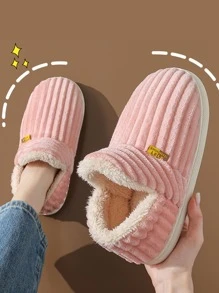 Fall/Winter Women's Fashionable Pink Solid Color Slipper Boots With Letter Decals & Teddy Bear Lining,Fluffy Slippers - Pink - View 3
