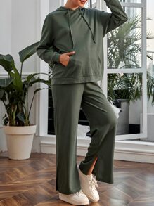 SHEIN Maternity Drop Shoulder Kangaroo Pocket Drawstring Hoodie & Adjustable Waist Split Hem Joggers - Army Green - View 1