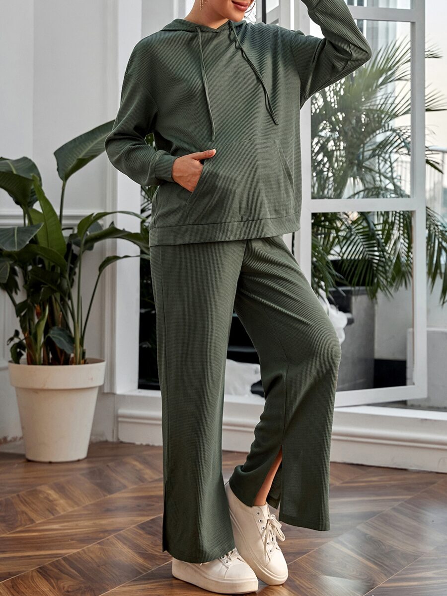 SHEIN Maternity Drop Shoulder Kangaroo Pocket Drawstring Hoodie & Adjustable Waist Split Hem Joggers - Army Green - View 1