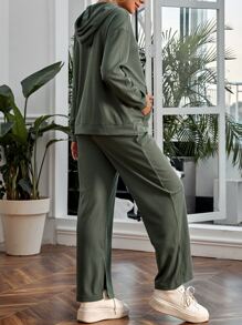 SHEIN Maternity Drop Shoulder Kangaroo Pocket Drawstring Hoodie & Adjustable Waist Split Hem Joggers - Army Green - View 2