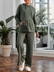 SHEIN Maternity Drop Shoulder Kangaroo Pocket Drawstring Hoodie & Adjustable Waist Split Hem Joggers - Army Green - View 5