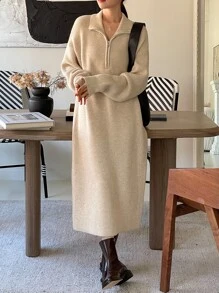 DAZY 拉鏈細節落肩袖毛衣裙 - 杏色 - 查看 1