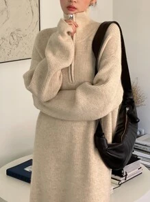 DAZY 拉鏈細節落肩袖毛衣裙 - 杏色 - 查看 3