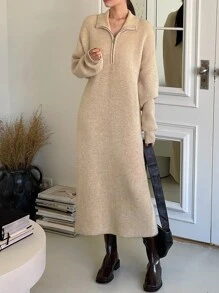 DAZY 拉鏈細節落肩袖毛衣裙 - 杏色 - 查看 4