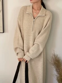 DAZY 拉鏈細節落肩袖毛衣裙 - 杏色 - 查看 5