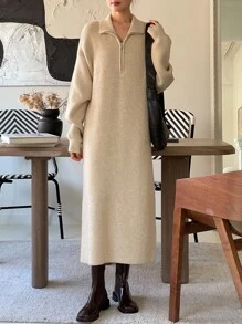 DAZY 拉鏈細節落肩袖毛衣裙 - 杏色 - 查看 9