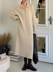 DAZY 拉鏈細節落肩袖毛衣裙 - 杏色 - 查看 10