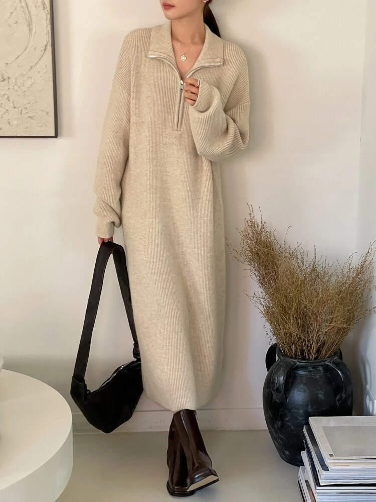 Zip Detail Drop Shoulder Sweater Dress,Fall Women Clothes