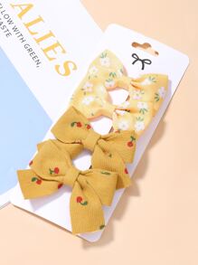 4入組小女童花朵印花蝴蝶結裝飾髮夾