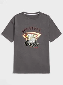 ROMWE MEN ROMWE UNISEX 1入組字母和老鷹印花T恤 - 深灰色 - 查看 1