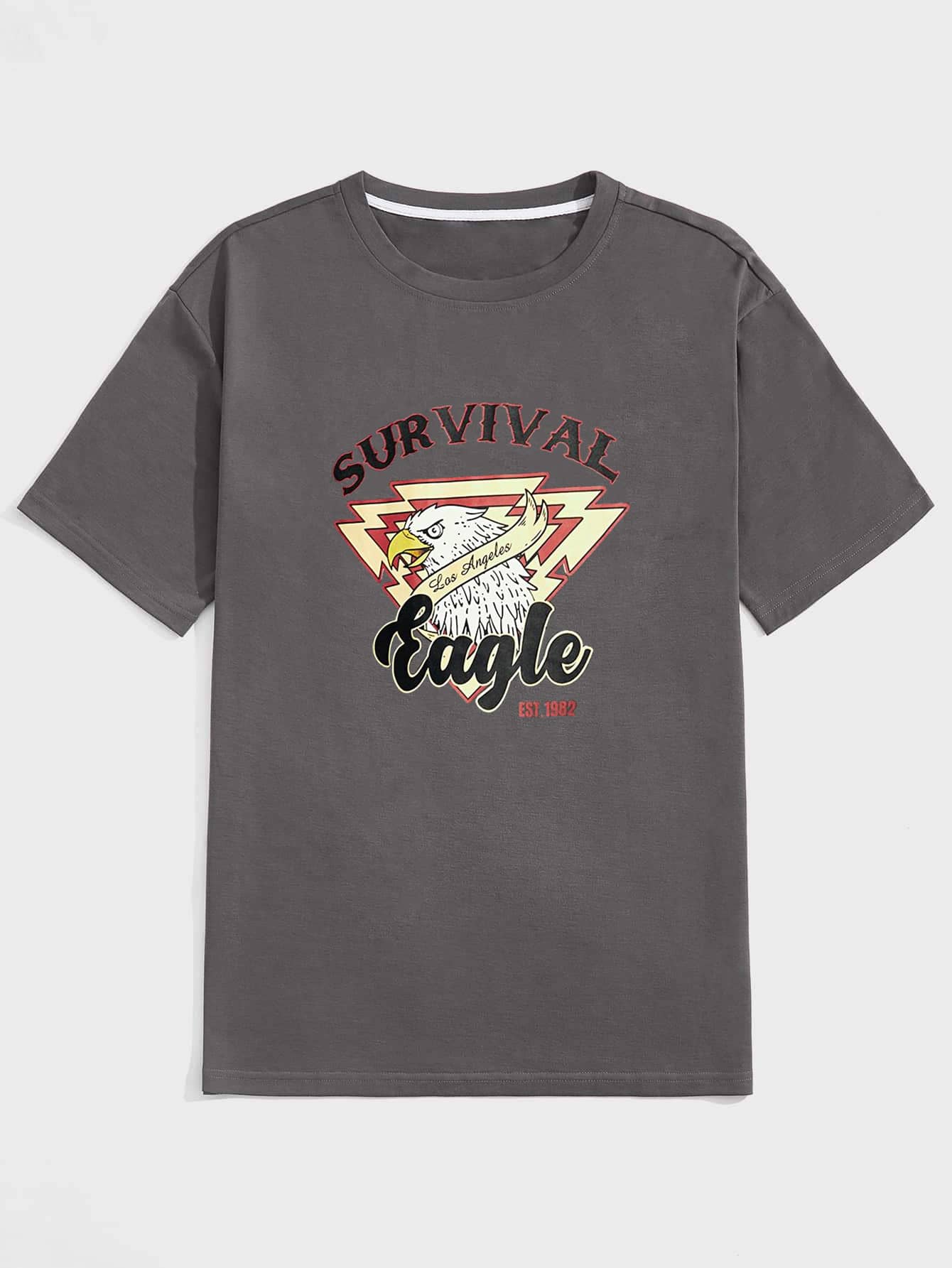 ROMWE MEN ROMWE UNISEX 1入組字母和老鷹印花T恤 - 深灰色 - 查看 1