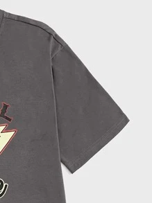 ROMWE MEN ROMWE UNISEX 1入組字母和老鷹印花T恤 - 深灰色 - 查看 3