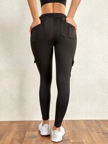 4 Pockets Workout Running Yoga Stretch Cargo Trousers - Black - View 2