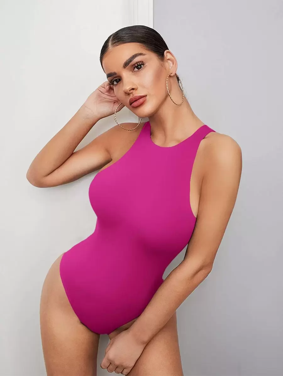 SHEIN BAE Solid Tank Bodysuit - Hot Pink - View 1