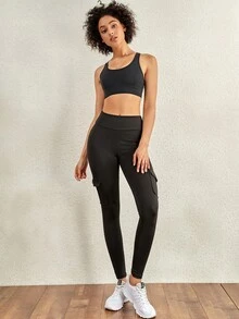 4 Pockets Workout Running Yoga Stretch Cargo Trousers - Black - View 4