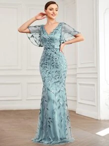 Đầm dạ hội trang trọng cổ chữ V tay cánh bướm đính sequin hoa lưới màu xanh nhạt kiểu đuôi cá, đầm dạ hội dự tiệc cưới mùa thu cho khách dự tiệc tối tốt nghiệp - Màu xanh Cadet - Xem 4