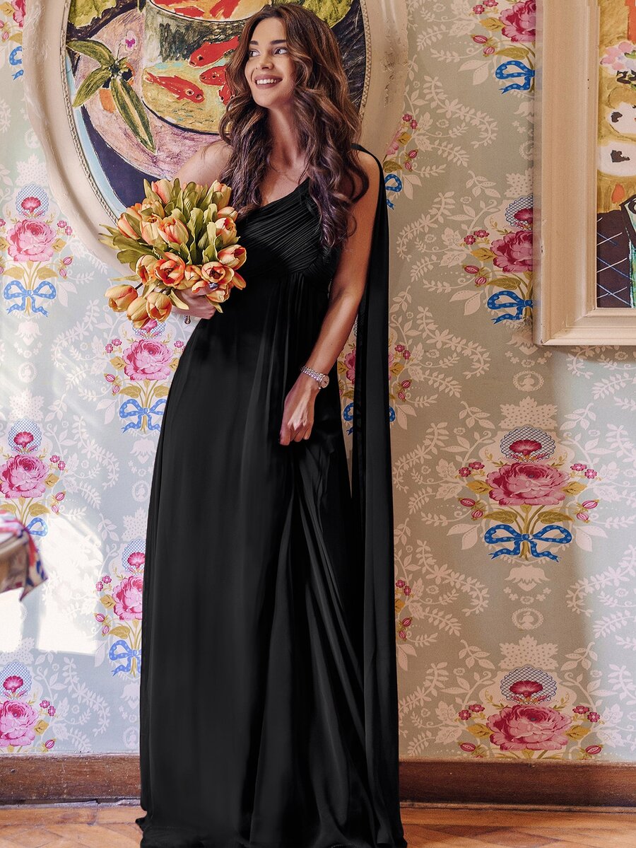 EVERPRETTY Ruched Bodice One Shoulder Cape Prom Dress