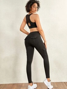 4 Pockets Workout Running Yoga Stretch Cargo Trousers - Black - View 7