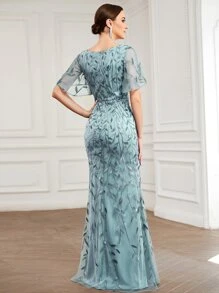 Đầm dạ hội trang trọng cổ chữ V tay cánh bướm đính sequin hoa lưới màu xanh nhạt kiểu đuôi cá, đầm dạ hội dự tiệc cưới mùa thu cho khách dự tiệc tối tốt nghiệp - Màu xanh Cadet - Xem 3