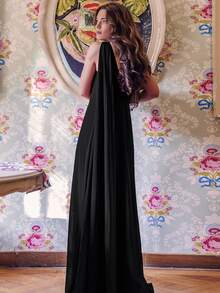 EVERPRETTY Ruched Bodice One Shoulder Cape Prom Dress - Black - View 3