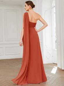 EVERPRETTY One Shoulder Ruched Side Draped Chiffon Prom Dress, Bridesmaid Dress - Burnt Orange - View 3