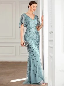 Đầm dạ hội trang trọng cổ chữ V tay cánh bướm đính sequin hoa lưới màu xanh nhạt kiểu đuôi cá, đầm dạ hội dự tiệc cưới mùa thu cho khách dự tiệc tối tốt nghiệp - Màu xanh Cadet - Xem 5