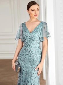 Đầm dạ hội trang trọng cổ chữ V tay cánh bướm đính sequin hoa lưới màu xanh nhạt kiểu đuôi cá, đầm dạ hội dự tiệc cưới mùa thu cho khách dự tiệc tối tốt nghiệp - Màu xanh Cadet - Xem 6