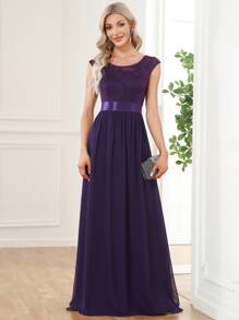 EVERPRETTY High Waist V-Back Lace Bodice Formal Dress - Purple - View 1
