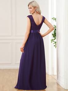 EVERPRETTY High Waist V-Back Lace Bodice Formal Dress - Purple - View 2