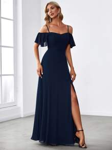 EVERPRETTY 优雅露肩雪纺长款伴娘礼服，适合婚礼和毕业典礼 - 藏蓝色 - 查看 4