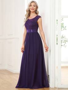 EVERPRETTY High Waist V-Back Lace Bodice Formal Dress - Purple - View 3