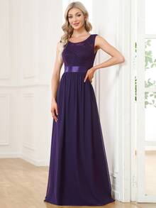 EVERPRETTY High Waist V-Back Lace Bodice Formal Dress - Purple - View 4