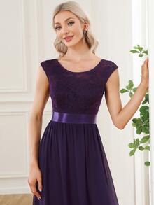 EVERPRETTY High Waist V-Back Lace Bodice Formal Dress - Purple - View 5