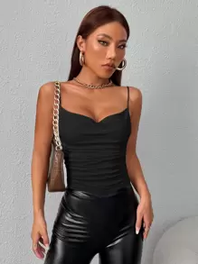 SHEIN PETITE Solid Ruched Cami Summer Top - Black - View 4