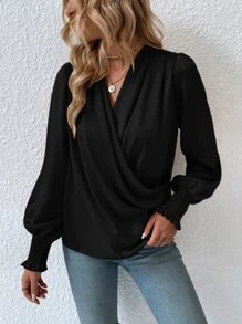 SHEIN Clasi 垂墜交疊領抽褶袖口燈籠袖襯衫 - 黑色 - 查看 6