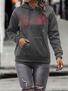 SHEIN LUNE Bluza z kapturem termicznym z haftem w kształcie litery i serca, kieszenią kangurkową, ściągaczem na ramionach, długim rękawem - Ciemnoszary - Zobacz 5