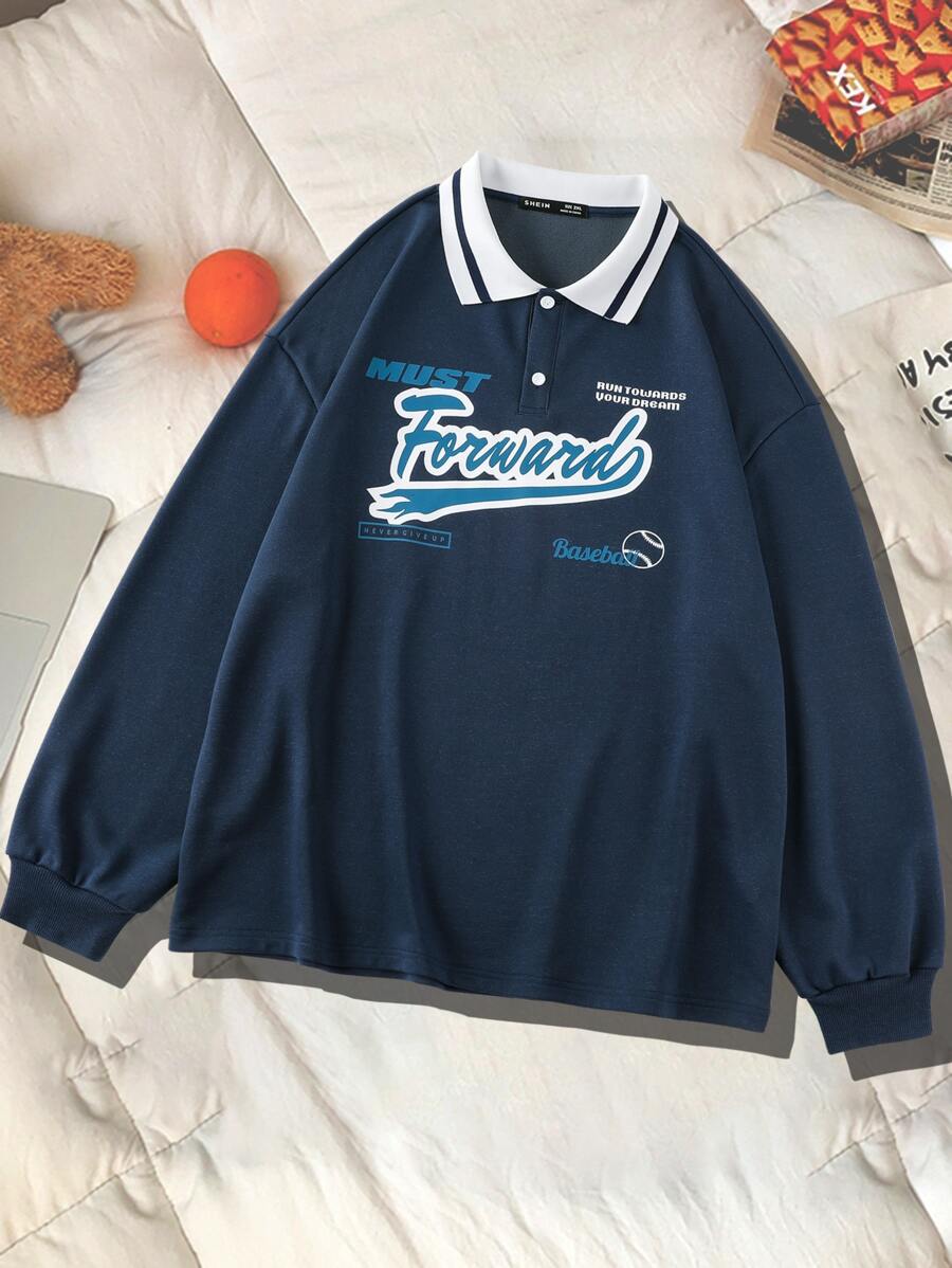 Manfinity Men Plus Letter Graphic Contrast Collar Polo Shirt - Navy Blue - View 1