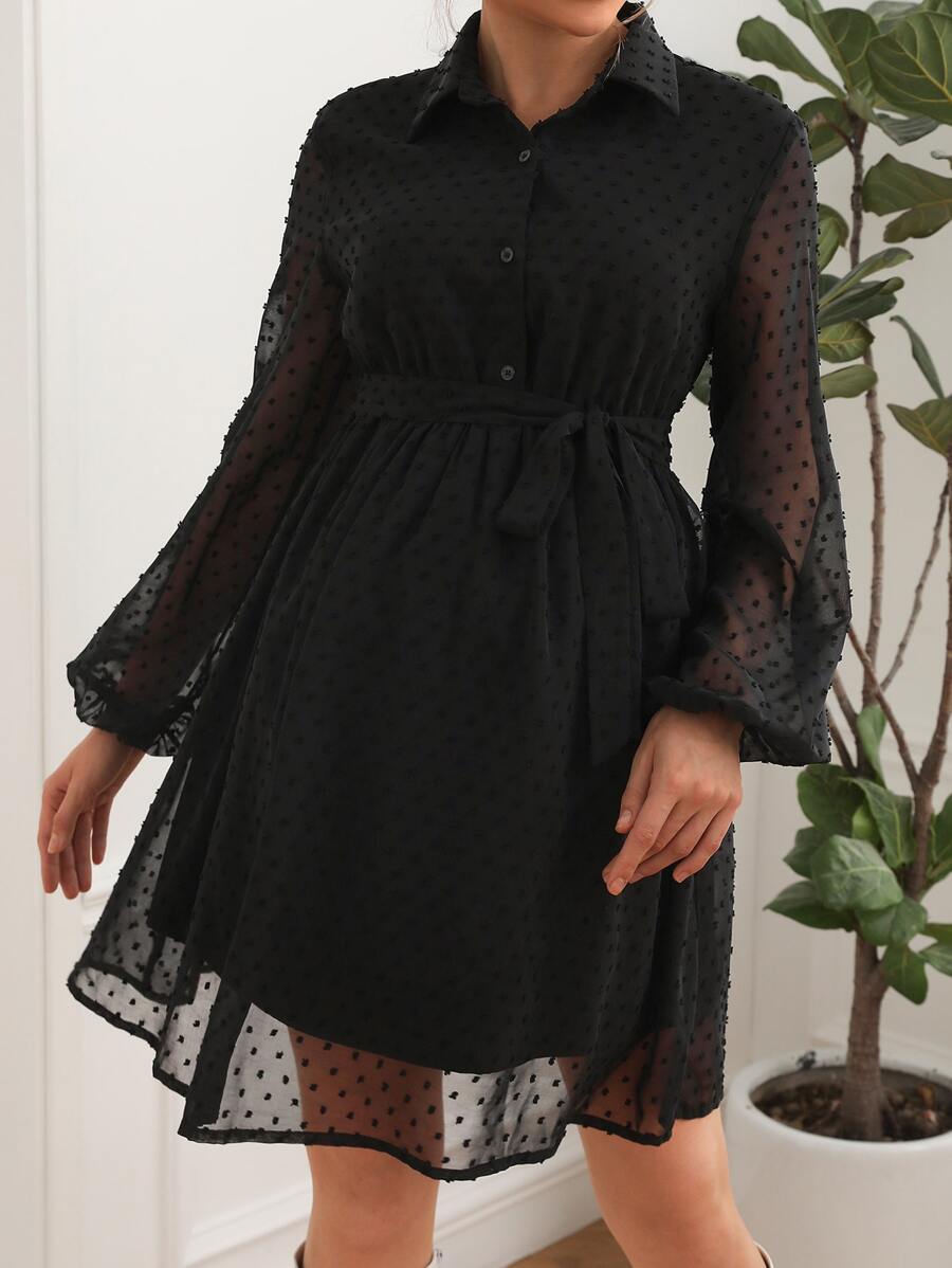 SHEIN 孕婦圓點腰帶襯衫洋裝