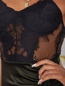 D&M Contrast Lace Drawstring Bustier Satin Cami Bodycon Dress - Black - View 6