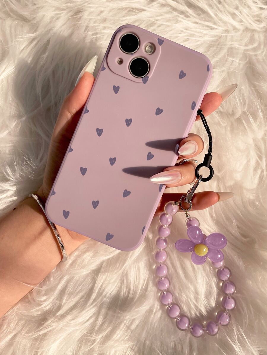 Funda de teléfono con estampado de corazón y colgante de teléfono con cuentas para el Día de San Valentín, resistente al agua, a los golpes, a las caídas y a los arañazos - Morado - Ver 1
