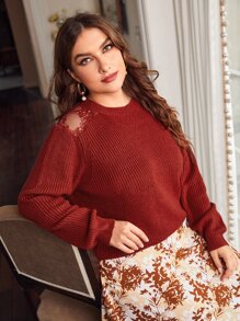 SHEIN Unity Plus Contrast Lace Mock Neck Jumper - Burgundy - View 1