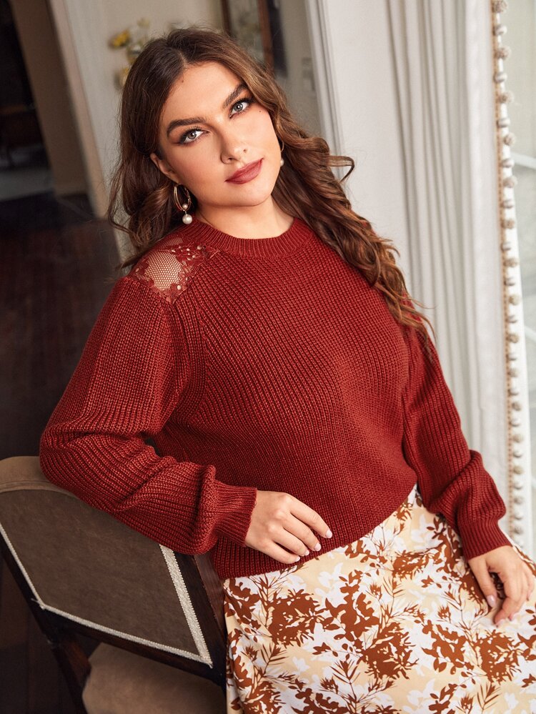 Plus Contrast Lace Mock Neck Sweater