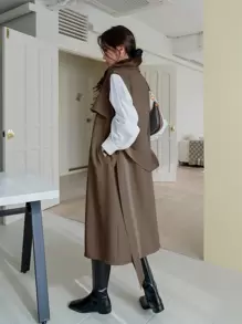 DAZY 商务休闲纯色双排扣无袖风衣，秋季服装女式夹克背心 - 摩卡棕 - 查看 2