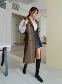 DAZY 商务休闲纯色双排扣无袖风衣，秋季服装女式夹克背心 - 摩卡棕 - 查看 3