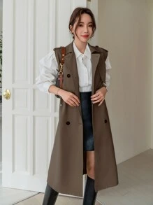 DAZY 商务休闲纯色双排扣无袖风衣，秋季服装女式夹克背心 - 摩卡棕 - 查看 4