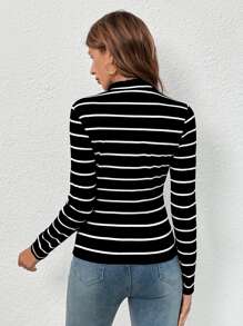 SHEIN LUNE Striped Mock Neck Tee,Commute,Minimalist,Office,Old Money,Simple - Black - View 2