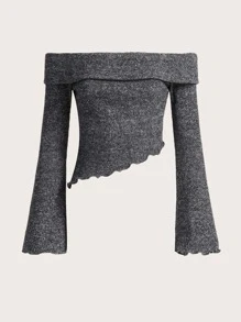 SHEIN ICON Off Shoulder Lettuce Trim Tee - Dark Grey - View 1